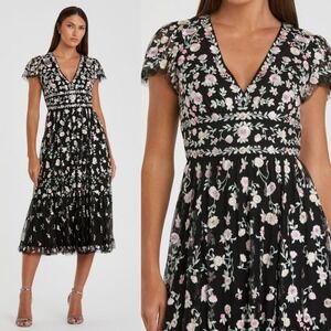 NWT Mac Duggal Black Multicolor Embroidered V Neck Cap Sleeve Midi Dress Size 8